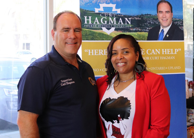 Caramel Connections Founder Elizabeth McSwain and San Bernardino 4th District Supervisor Curt Hagman pose for a photo as Elizabeth is honored as "Community Hero"